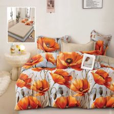 Lenjerie pat dublu Finet Bumbac 6 piese cu husa saltea 160x200 sau 180x200 cm, pilota 200x230 cm, 2 fete perna 50x70 si 70x70 cm, Bej-Portocaliu, Pucioasa HARPER