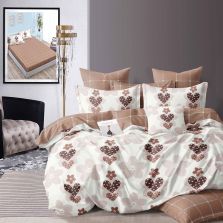 Lenjerie de pat dublu bumbac Finet 6 piese cu elastic la cearsaf 180 x 200 cm, Flori si inimi, Maro, Ralex Pucioasa HF6P170