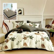 Lenjerie pat dublu Finet Bumbac 6 piese cu husa saltea 160x200 sau 180x200 cm, pilota 200x230 cm, 2 fete perna 50x70 si 70x70 cm, Crem-Gri, Pucioasa HF6P271