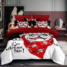 Lenjerie de pat 1 persoana bumbac Finet 3D 3 piese 160 x 230 cm, Catelusi viking, Alb Rosu, Pucioasa F1P17