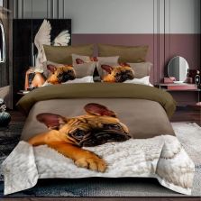 Lenjerie de pat 1 persoana bumbac Finet 3D 3 piese 160 x 230 cm, Catelusi Bulldog francez, Maro, Pucioasa F1P27