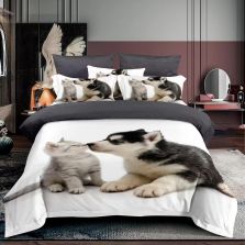 Lenjerie de pat 1 persoana bumbac Finet 3D 3 piese 160 x 230 cm, Catelusi si pisicuta, Alb, Pucioasa F1P28