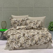 Lenjerie de pat dublu Bumbac Ranforce 4 piese cearsaf pat 240 x 260 cm, pilota 200x230 cm, 2 fete perne 50x70 cm, Imprimeu frunze, Bej / Maro, Ralex Pucioasa 