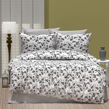 Lenjerie de pat dublu Bumbac Ranforce 4 piese cearsaf pat 240 x 260 cm, pilota 200x230 cm, 2 fete perne 50x70 cm, Crengute cu flori, Alb / Gri, Ralex Pucioasa 