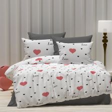 Lenjerie de pat dublu Bumbac Ranforce 4 piese cearsaf pat 240 x 260 cm, pilota 200x230 cm, 2 fete perne 50x70 cm, Inimioare, Alb / Gri, Ralex Pucioasa  