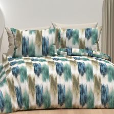 Lenjerie de pat dublu Bumbac Ranforce 4 piese cearsaf pat 240 x 260 cm, pilota 200x230 cm, 2 fete perne 50x70 cm, Moderna, Bej / Verde, Ralex Pucioasa 