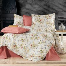 Lenjerie pat Bumbac Ranforce 4 piese cearsaf pat 240x260 cm, pilota 200x230 cm, 2 fete perne 50x70 cm, Crem / Portocaliu, RNFN252 Ralex Pucioasa