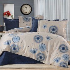 Lenjerie pat Bumbac Ranforce 4 piese cearsaf pat 240x260 cm, pilota 200x220 cm, 2 fete perne 50x70 cm, Bej Cappuccino / Albastru, Ralex Pucioasa