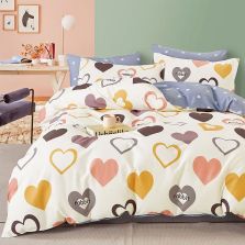 Lenjerie de pat o persoana Percalle imprimat Bumbac 100% 3 piese cearsaf pat 160x240 cm, pilota 150x220 cm, fata perna 50x70 cm, Inimioare Galben / Albastru, Pucioasa