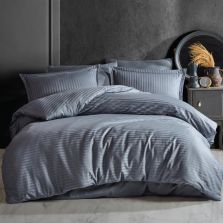 Lenjerie de pat 2 persoane Damasc linear Bumbac 100% tip Hotel cu dunga 1 cm, 4 piese, cearsaf pat 220x240 cm, cearsaf pilota 180x220 cm, 2 fete perne 50x70 cm Gri Antracit