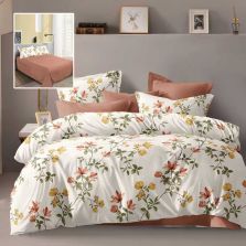 Lenjerie pat dublu Economy 4 piese, cearsaf pat 230x250 cm si pilota 200x230 cm, 2 fete perne 50x70, Floricele Crem / Portocaliu ECN48 Ralex Pucioasa 