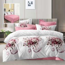 Lenjerie pat dublu Economy 4 piese, cearsaf pat 230x250 cm si pilota 200x230 cm, 2 fete perne 50x70, Buchet floral Alb / Roz ECN53 Ralex Pucioasa
