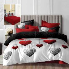 Lenjerie pat dublu Economy 4 piese, cearsaf pat 230x250 cm si pilota 200x230 cm, 2 fete perne 50x70, Inimioare Rosu / Negru ECN56 Ralex Pucioasa 