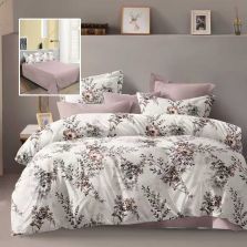 Lenjerie pat dublu Economy 4 piese, cearsaf pat 230x250 cm si pilota 200x230 cm, 2 fete perne 50x70, Ramuri cu flori Roz / Bej ECN58 Ralex Pucioasa 