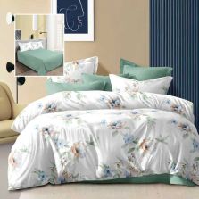 Lenjerie pat dublu Economy 4 piese, cearsaf pat 230x250 cm si pilota 200x230 cm, 2 fete perne 50x70, Flori Alb / Verde ECN59 Ralex Pucioasa