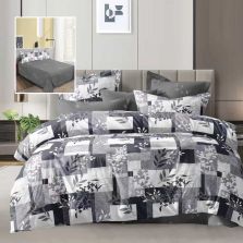 Lenjerie pat dublu Economy 4 piese, cearsaf pat 230x250 cm si pilota 200x230 cm, 2 fete perne 50x70, Frunzulite Alb / Gri ECN60 Ralex Pucioasa