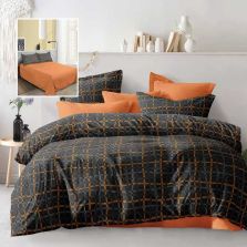 Lenjerie pat dublu Economy 4 piese, cearsaf pat 230x250 cm si pilota 200x230 cm, 2 fete perne 50x70, Moderna Portocaliu / Negru ECN64 Ralex Pucioasa