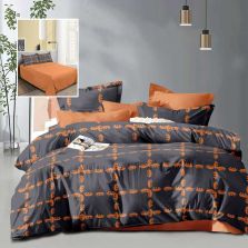 Lenjerie pat dublu Economy 4 piese, cearsaf pat 230x250 cm si pilota 200x230 cm, 2 fete perne 50x70, Eleganta Portocaliu / Negru ECN65 Ralex Pucioasa 