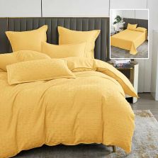 Lenjerie de pat dublu Finet Natur UNI Stripe 6 piese cearsaf pat 230x250 cm, pilota 200x230 cm, 2 fete perna 50x70 si 70x70 cm, Galben, Pucioasa