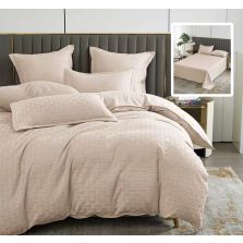 Lenjerie de pat dublu Finet Natur UNI Stripe 6 piese cearsaf pat 230x250 cm, pilota 200x230 cm, 2 fete perna 50x70 si 70x70 cm, Bej, Pucioasa