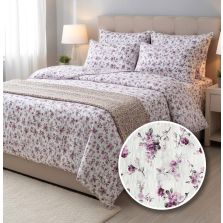 Lenjerie pat Creponata 100% Bumbac, cearsaf pat 160x240 cm, pilota 140x210 cm, fata perna 50x70 cm, Alb/Lila, CREP65 Ralex Pucioasa