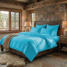 Lenjerie pat dublu 6 piese Damasc Policoton, cearsaf pat 230x250 cm, pilota 200x230 cm, fete perne 50x70 cm si 70x70 cm, dunga 1 cm Turcoaz (6DP42) 