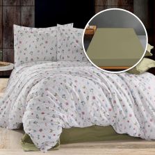 Lenjerie pat Ranforce Bumbac 100% cu husa pentru saltea de 140/160cm x 200cm, pilota 200x230 cm, 2 fete perne 50x70 cm, Verde , Pucioasa