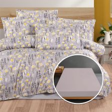 Lenjerie pat Ranforce Bumbac 100% cu husa pentru saltea de 140/160cm x 200cm, pilota 200x230 cm, 2 fete perne 50x70 cm, Galben / Gri, Pucioasa