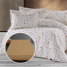 Lenjerie pat Ranforce Bumbac 100% cu husa pentru saltea de 140/160cm x 200cm, pilota 200x230 cm, 2 fete perne 50x70 cm, Alb / Bej, Pucioasa