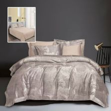 Lenjerie pat dublu Jacquard 6 piese, cearșaf pat 230x250 cm, pilotă 200x230 cm, 2 fețe perne 50x70 și 70x70 cm, Clasy, Roz Pudră/Bej