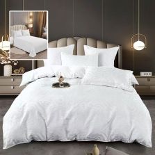 Lenjerie pat dublu Jacquard 6 piese, cearșaf pat 230x250 cm, pilotă 200x230 cm, 2 fețe perne 50x70 și 70x70 cm, Clasy, Alb V1