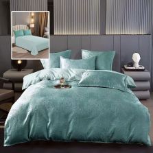 Lenjerie pat dublu Jacquard 6 piese, cearșaf pat 230x250 cm, pilotă 200x230 cm, 2 fețe perne 50x70 și 70x70 cm, Clasy, Turcoaz