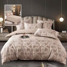Lenjerie pat dublu Jacquard 6 piese, cearșaf pat 230x250 cm, pilotă 200x230 cm, 2 fețe perne 50x70 și 70x70 cm, Clasy, Bej Cappuccino