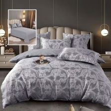 Lenjerie pat dublu Jacquard 6 piese, cearșaf pat 230x250 cm, pilotă 200x230 cm, 2 fețe perne 50x70 și 70x70 cm, Clasy, Gri V1