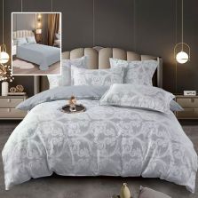 Lenjerie pat dublu Jacquard 6 piese, cearșaf pat 230x250 cm, pilotă 200x230 cm, 2 fețe perne 50x70 și 70x70 cm, Clasy, Gri Deschis