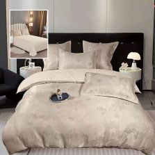 Lenjerie pat dublu Jacquard 6 piese, cearșaf pat 230x250 cm, pilotă 200x230 cm, 2 fețe perne 50x70 și 70x70 cm, Clasy, Crem