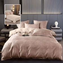 Lenjerie pat dublu Jacquard 6 piese, cearșaf pat 230x250 cm, pilotă 200x230 cm, 2 fețe perne 50x70 și 70x70 cm, Clasy, Cappuccino