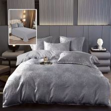 Lenjerie pat dublu Jacquard 6 piese, cearșaf pat 230x250 cm, pilotă 200x230 cm, 2 fețe perne 50x70 și 70x70 cm, Clasy, Gri