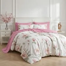 Pachet Lenjerie pat bumbac Finet 6 piese cu desen PROMO, husă saltea 160x200 sau 180x200 cm, pilotă 200x220 cm, 2 fețe pernă 50x70 și 70x70 cm + 2 perne matlasate 50x70 cm + pilota 200x215 cm primavara toamna Siclam