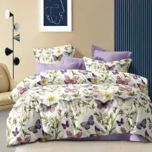 Lenjerie pat dublu Economy 6 piese, cearsaf pat cu husa 180x200 cm si pilota 200x230 cm, 2 fete perne 50x70 si 2 fete perna 70x70, Fluturi Crem/Mov ECNH43 Ralex Pucioasa