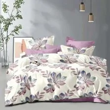 Lenjerie pat dublu Economy 6 piese, cearsaf pat cu husa 180x200 cm si pilota 200x230 cm, 2 fete perne 50x70 si 2 fete perna 70x70, Flori Crem/Lila ECNH44 Ralex Pucioasa