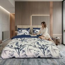 Lenjerie de pat Cotton Pro 100% bumbac King Size, două fețe – imprimare digitală (Motive vegetale Alb/Albastru), Ralex Pucioasa