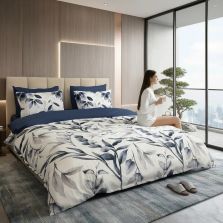 Lenjerie de pat Cotton Pro 100% bumbac King Size, două fețe – imprimare digitală (Motive vegetale Alb/Albastru), Ralex Pucioasa