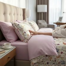 Lenjerie de pat Cotton Pro 100% bumbac King Size, două fețe – imprimare digitală (Camp cu flori Crem/Roz), Ralex Pucioasa