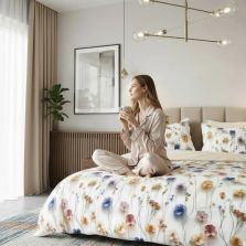 Lenjerie de pat Cotton Pro 100% bumbac King Size, două fețe – imprimare digitală (Maci Crem/Portocaliu), Ralex Pucioasa