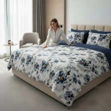 Lenjerie de pat Cotton Pro 100% bumbac King Size, două fețe – imprimare digitală (Motiv floral Alb/Albastru), Ralex Pucioasa