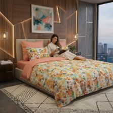 Lenjerie de pat Cotton Pro 100% bumbac King Size, două fețe – imprimare digitală (Frunze toamna Portocaliu/Verde), Ralex Pucioasa