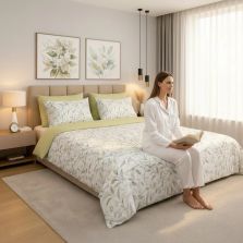 Lenjerie de pat Cotton Pro 100% bumbac King Size, două fețe – imprimare digitală (Frunze Alb/Galben), Ralex Pucioasa
