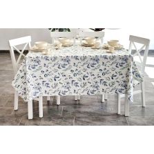 Față de masă rotundă 180 cm anti murdărire 100% Bumbac, Frunze Albastru Verde