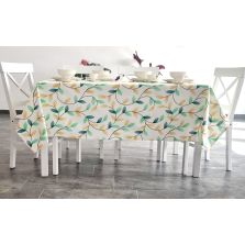 Față de masă rotundă 160 cm anti murdărire 100% Bumbac, Frunze Verde Galben